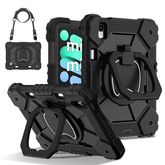 ELEHOLD Heavy Duty Case for iPad mini6/mini 7(A17 Pro) 2024 , 3-Layer Rugged 360 Rotating Kickstand Handle Grip Detachable Shoulder Strap Kids Friendly Shockproof Case, Black