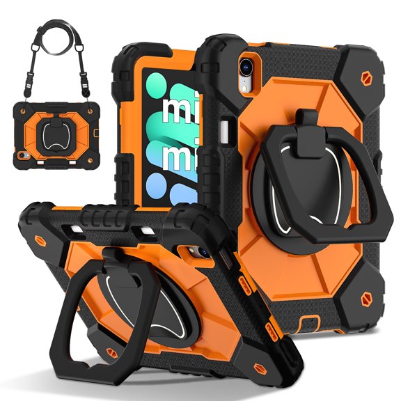 ELEHOLD Heavy Duty Case for iPad mini6/mini 7(A17 Pro) 2024 , 3-Layer Rugged 360 Rotating Kickstand Handle Grip Detachable Shoulder Strap Kids Friendly Shockproof Case, Black+Orange
