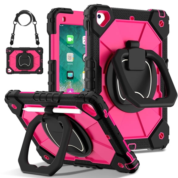 ELEHOLD Heavy Duty Case for iPad mini6/mini 7(A17 Pro) 2024 , 3-Layer Rugged 360 Rotating Kickstand Handle Grip Detachable Shoulder Strap Kids Friendly Shockproof Case, Black+Blue