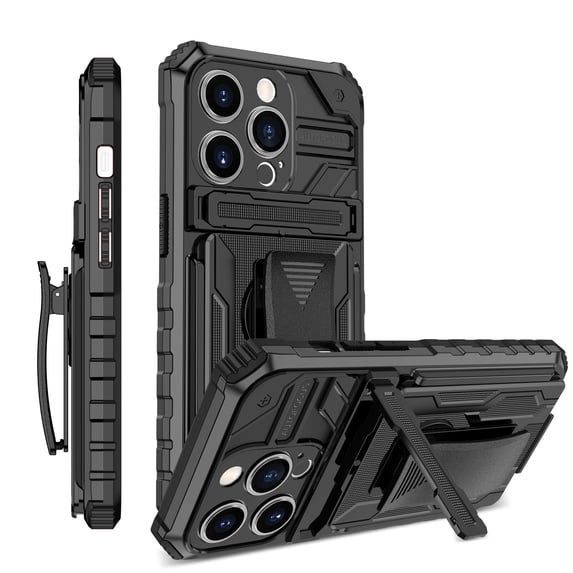ELEHOLD Heavy Duty Case for iPhone 15 Plus, Hybrid Rugged Military Grade Shockproof Cover with Hidden Kickstand Detachable Rotating Belt Clip Armor Case for iPhone 15 Plus, Black