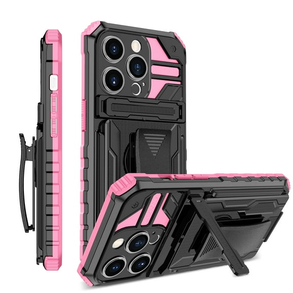 ELEHOLD Heavy Duty Case for iPhone 15 Pro Hybrid Rugged Military Grade Shockproof Cover with Hidden Kickstand Detachable Rotating Belt Clip Armor Case for iPhone 15 Pro, Pink