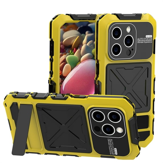 ELEHOLD Heavy Duty Case for iPhone 15 Pro Max,Rugged Military Grade Shockproof Case,with Screen Protector Built-in Hidden Foldable Kickstand Metal Back Cover Case for iPhone 15 Pro Max - Yellow