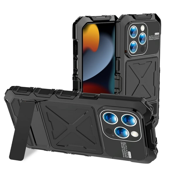 ELEHOLD Heavy Duty Case for iPhone 15 Pro Max,Rugged Military Grade Shockproof Case,with Screen Protector Built-in Hidden Foldable Kickstand Metal Back Cover Case for iPhone 15 Pro Max - Black