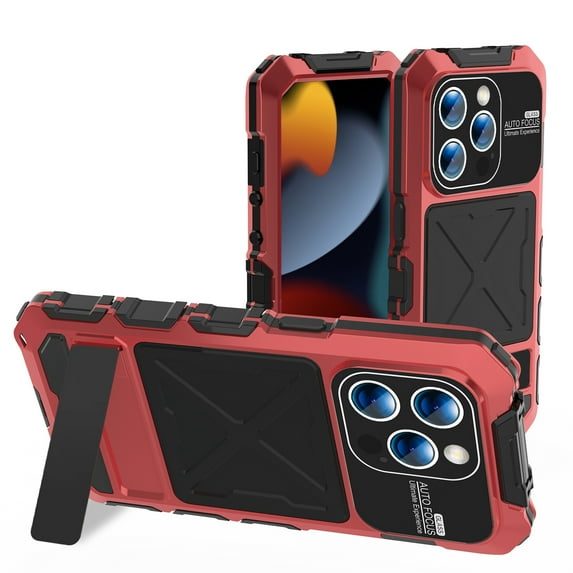 ELEHOLD Heavy Duty Case for iPhone 15 Pro,Rugged Military Grade Shockproof Case,with Screen Protector Built-in Hidden Foldable Kickstand Metal Back Cover Case for iPhone 15 Pro 6.1" - Red