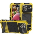 thumbnail image 1 of ELEHOLD Heavy Duty Case for iPhone 15,Rugged Military Grade Shockproof Case,with Screen Protector Built-in Hidden Foldable Kickstand Metal Back Cover Case for iPhone 15 6.1" - Yellow, 1 of 10