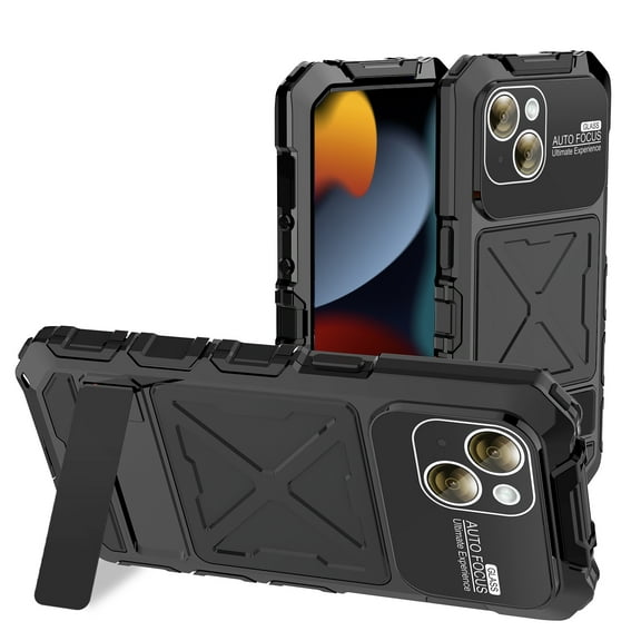 ELEHOLD Heavy Duty Case for iPhone 15,Rugged Military Grade Shockproof Case,with Screen Protector Built-in Hidden Foldable Kickstand Metal Back Cover Case for iPhone 15 6.1" - Black