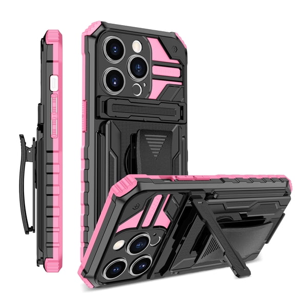 ELEHOLD Heavy Duty Case for iPhone 16 Plus, Hybrid Rugged Military Grade Shockproof Cover with Hidden Kickstand Detachable Rotating Belt Clip Armor Case for iPhone 16 Plus, Pink