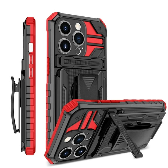 ELEHOLD Heavy Duty Case for iPhone 16 Pro, Hybrid Rugged Military Grade Shockproof Cover with Hidden Kickstand Detachable Rotating Belt Clip Armor Case for iPhone 16 Pro, Red