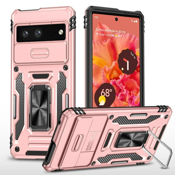 ELEHOLD Heavy Duty Rugged Case for Google Pixel 7 2022 Full Body Protection with Camera Lens Cover Magnetic Metal Ring Holder Kickstand Anti-Scratch Shockproof Case, Rosegold