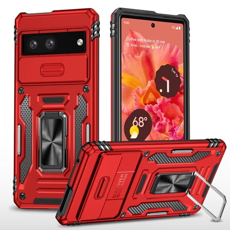 ELEHOLD Heavy Duty Rugged Case for Google Pixel 7A Full Body Protection with Camera Lens Protector Magnetic Metal Ring Holder Kickstand Anti-Scratch Shockproof Case for Google Pixel 7a,Red