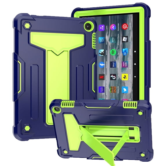 ELEHOLD Heavy Duty Rugged Case for Kindle Fire HD 8 /Fire HD 8 Plus 2022 Release, Built-in Hidden Kickstand Shockproof Anti-Scratch Hybrid Case for Fire HD 8 /8 Plus (12th Gen 8" ), Navy + Green
