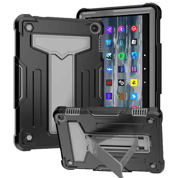 ELEHOLD Heavy Duty Rugged Case for Kindle Fire HD 8 /Fire HD 8 Plus 2022 Release, Built-in Hidden Kickstand Shockproof Anti-Scratch Hybrid Case for Fire HD 8 /8 Plus (12th Gen 8" ), Black + Gray