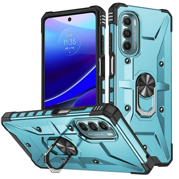 ELEHOLD Heavy Duty Rugged Case for Motorola Moto G Pure, 360° Rotation Ring Holder Kickstand Function Anti-Slip Work with Magnetic Car Mount Shockproof Protective Case, for Moto G Pure -Light Blue