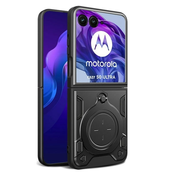 ELEHOLD Heavy Duty Rugged Case for Motorola Razr+ 2025 /Motorola Razr+ 2024,Sliding Lens Cover Foldable Kickstand Bracket Strong Magnetic Force Shockproof Hybrid Case,Black