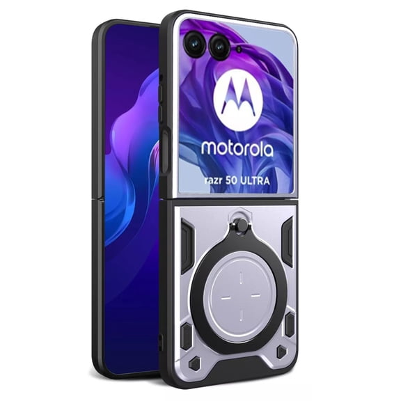 ELEHOLD Heavy Duty Rugged Case for Motorola Razr+ 2025 /Motorola Razr+ 2024,Sliding Lens Cover Foldable Kickstand Bracket Strong Magnetic Force Shockproof Hybrid Case,Silver