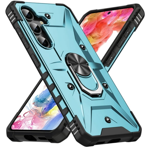 ELEHOLD Heavy Duty Rugged Case for Samsung Galaxy A16 5G,360° Rotation Ring Holder Kickstand Function Anti-Slip Work with Magnetic Car Mount Shockproof Protective Case,Light Blue
