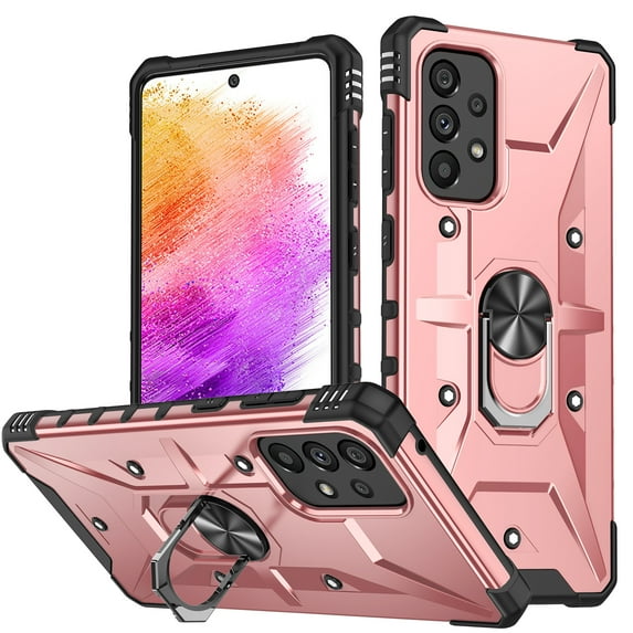 ELEHOLD Heavy Duty Rugged Case for Samsung Galaxy A33 5G,360° Rotation Ring Holder Kickstand Function Anti-Slip Work with Magnetic Car Mount Shockproof Protective Case,Rosegold