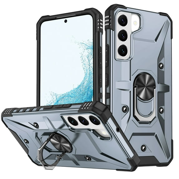 ELEHOLD Heavy Duty Rugged Case for Samsung Galaxy S21 FE,360° Rotation Ring Holder Kickstand Function Anti-Slip Work with Magnetic Car Mount Shockproof Protective Case,Gray