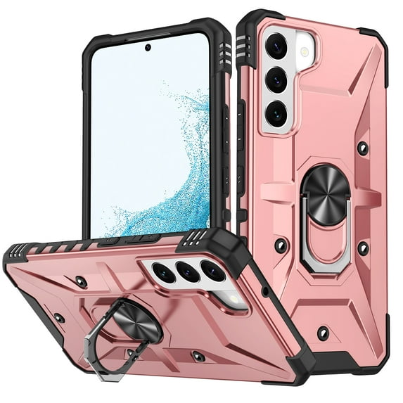 ELEHOLD Heavy Duty Rugged Case for Samsung Galaxy S22 Plus,360° Rotation Ring Holder Kickstand Function Anti-Slip Work with Magnetic Car Mount Shockproof Protective Case,Rosegold