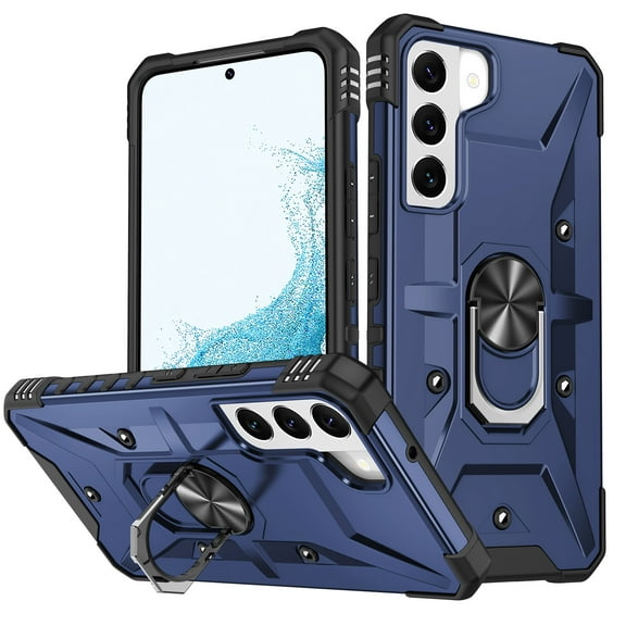 ELEHOLD Heavy Duty Rugged Case for Samsung Galaxy S22 Ultra,360° Rotation Ring Holder Kickstand Function Anti-Slip Work with Magnetic Car Mount Shockproof Protective Case,Darkblue