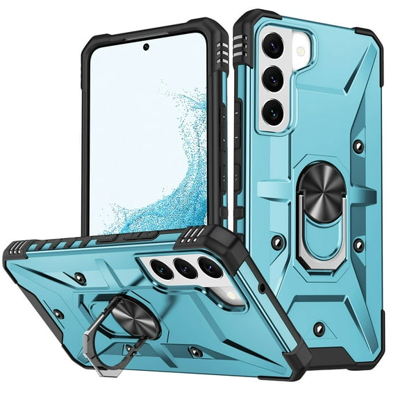ELEHOLD Heavy Duty Rugged Case for Samsung Galaxy S23,360° Rotation Ring Holder Kickstand Function Anti-Slip Work with Magnetic Car Mount Shockproof Protective Case for Galaxy S23,Light Blue