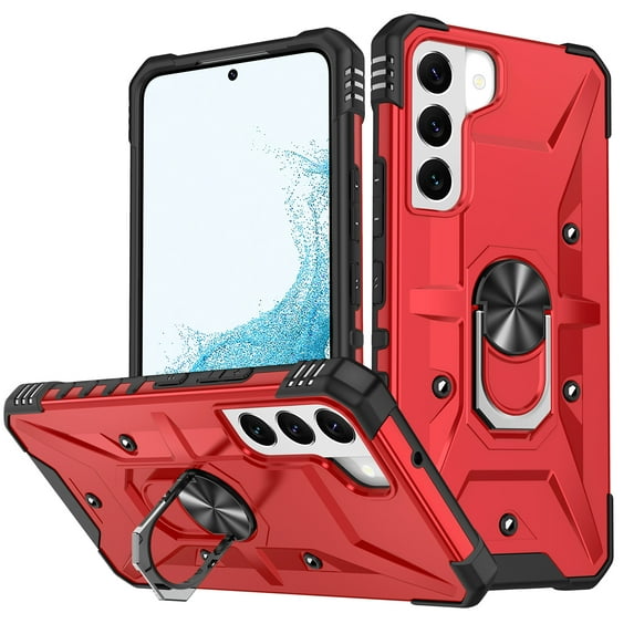 ELEHOLD Heavy Duty Rugged Case for Samsung Galaxy S23,360° Rotation Ring Holder Kickstand Function Anti-Slip Work with Magnetic Car Mount Shockproof Protective Case for Galaxy S23,Red
