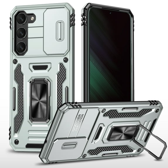 ELEHOLD Heavy Duty Rugged Case for Samsung Galaxy S23 FE Full Protection with Sliding Camera Lens Cover Magnetic Metal Ring Holder Kickstand Anti-Scratch Shockproof Case for Samsung Galaxy S23 FE,Gray