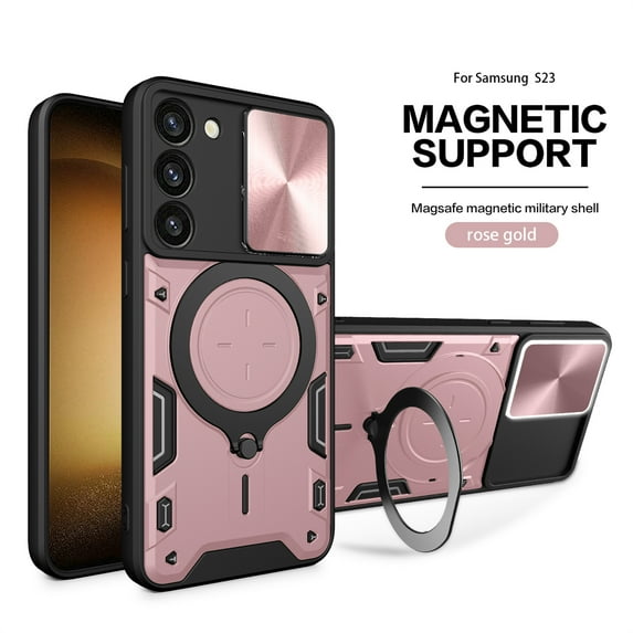ELEHOLD Heavy Duty Rugged Case for Samsung Galaxy S23 Plus,Sliding Lens Cover Foldable Kickstand Bracket Strong Magnetic Force Shockproof Hybrid Case for Samsung S23+,Pink