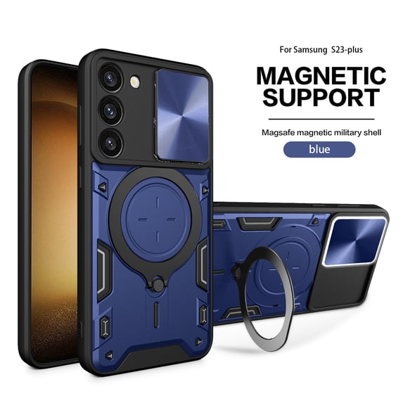 ELEHOLD Heavy Duty Rugged Case for Samsung Galaxy S23 Plus,Sliding Lens Cover Foldable Kickstand Bracket Strong Magnetic Force Shockproof Hybrid Case for Samsung S23+,Blue