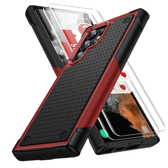 ELEHOLD Heavy Duty Rugged Case for Samsung Galaxy S24 Plus,Hybrid Hard PC +TPU Full Protective Shockproof Anti-Scratch Case with 2 Pack Tempered Glass Screen Protector for Samsung S24 Plus, red