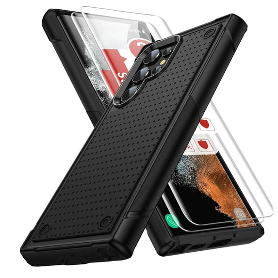 ELEHOLD Heavy Duty Rugged Case for Samsung Galaxy S24 Ultra,Hybrid Hard PC +TPU Full Protective Shockproof Anti-Scratch Case with 2 Pack Tempered Glass Screen Protector for Samsung S24 Ultra, black