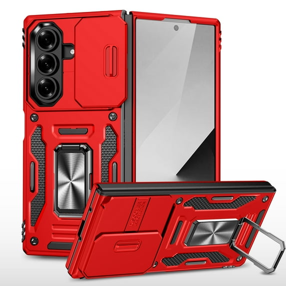 ELEHOLD Heavy Duty Rugged Case for Samsung Galaxy Z Fold 7 Protection with Sliding Camera Lens Cover Magnetic Metal Ring Holder Kickstand Anti-Scratch Shockproof Case for Galaxy Z Fold 7, Red