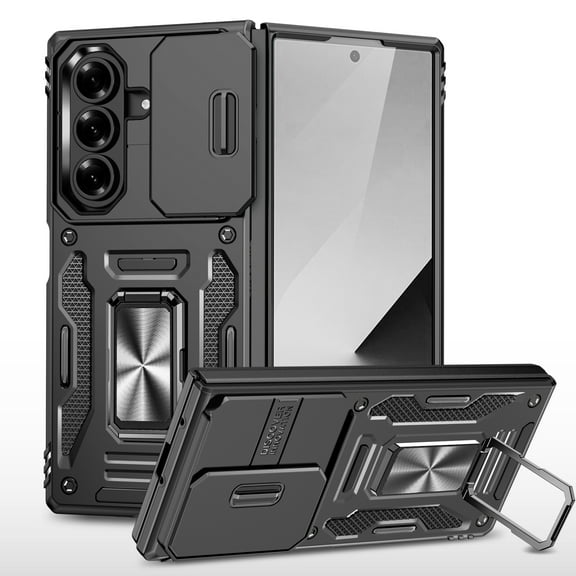 ELEHOLD Heavy Duty Rugged Case for Samsung Galaxy Z Fold 7 Protection with Sliding Camera Lens Cover Magnetic Metal Ring Holder Kickstand Anti-Scratch Shockproof Case for Galaxy Z Fold 7, Black