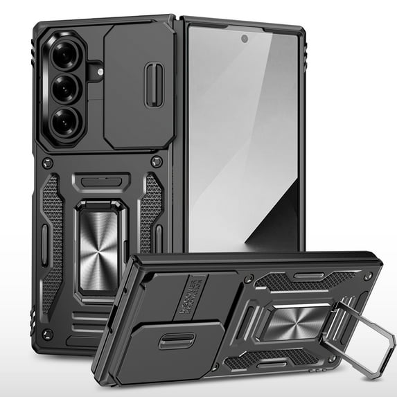 ELEHOLD Heavy Duty Rugged Case for Samsung Galaxy Z Fold 7 Protection with Sliding Camera Lens Cover Magnetic Metal Ring Holder Kickstand Anti-Scratch Shockproof Case for Galaxy Z Fold 7, Black