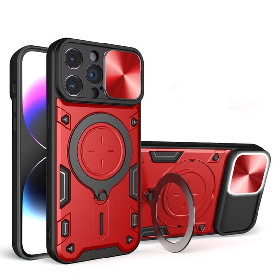 ELEHOLD Heavy Duty Rugged Case for iPhone 14 Pro Max,Sliding Lens Cover Foldable Kickstand Bracket Strong Magnetic Force Shockproof Hybrid Case,Red