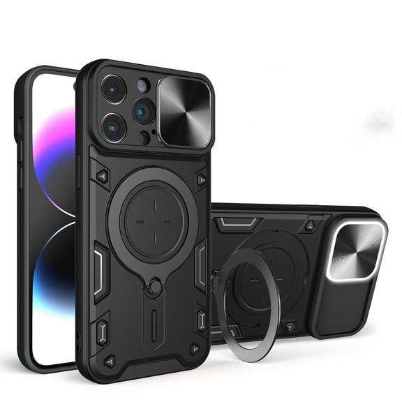 ELEHOLD Heavy Duty Rugged Case for iPhone 15 Plus,Sliding Lens Cover Foldable Kickstand Bracket Strong Magnetic Force Shockproof Hybrid Case,Black