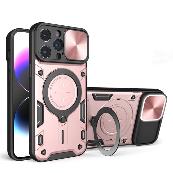 ELEHOLD Heavy Duty Rugged Case for iPhone 15 Pro Max,Sliding Lens Cover Foldable Kickstand Bracket Strong Magnetic Force Shockproof Hybrid Case,Pink
