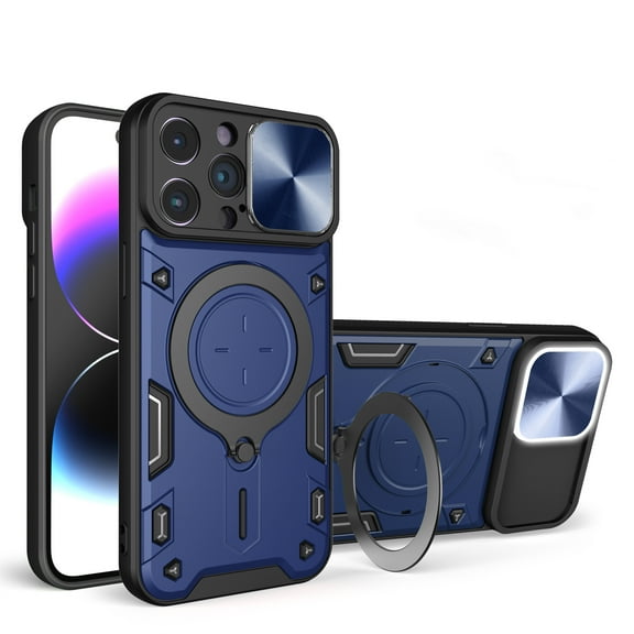ELEHOLD Heavy Duty Rugged Case for iPhone 15 Pro,Sliding Lens Cover Foldable Kickstand Bracket Strong Magnetic Force Shockproof Hybrid Case,Blue