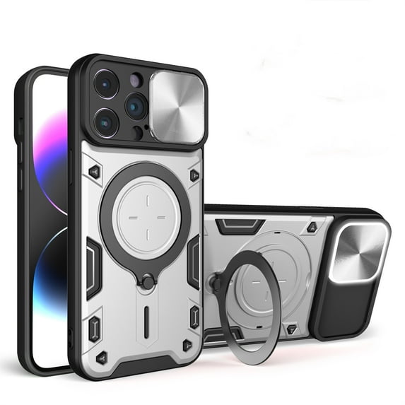 ELEHOLD Heavy Duty Rugged Case for iPhone 15 Pro,Sliding Lens Cover Foldable Kickstand Bracket Strong Magnetic Force Shockproof Hybrid Case,Silver