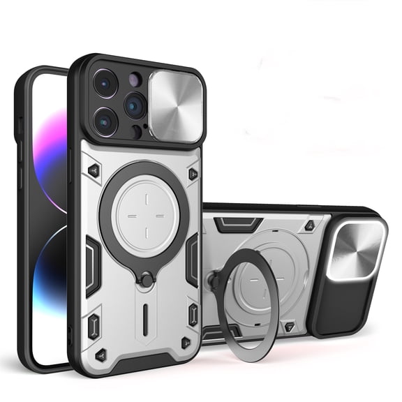 ELEHOLD Heavy Duty Rugged Case for iPhone 15,Sliding Lens Cover Foldable Kickstand Bracket Strong Magnetic Force Shockproof Hybrid Case,Silver