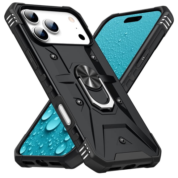 ELEHOLD Heavy Duty Rugged Case for iPhone 17 Pro,360° Ring Holder Kickstand Anti-Slip Work with Magnetic Car Mount Shockproof Protective Case,Black