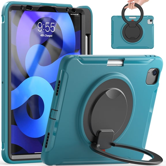 ELEHOLD Heavy Duty Rugged Case for iPad Pro 11 2022/2021/2020/2018 Air 5/Air 4 10.9 Three-Layer Protection 360° Rotating Kickstand Portable Handle Grip Shockproof Case for Kids Adult,Blue