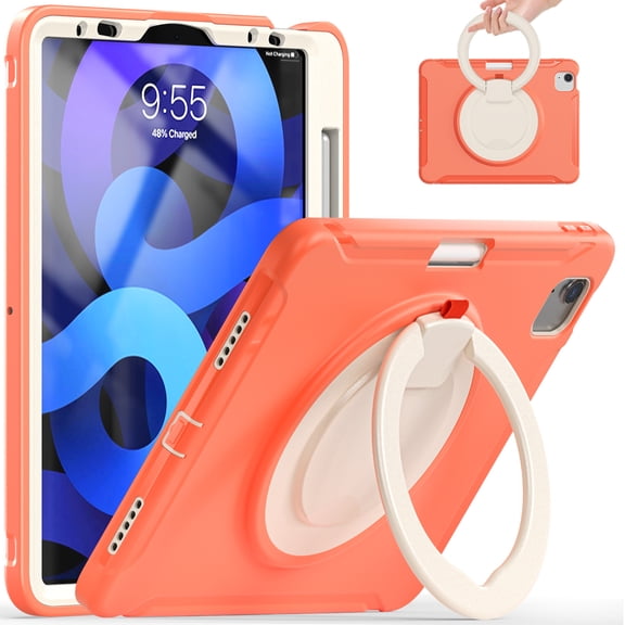 ELEHOLD Heavy Duty Rugged Case for iPad Pro 12.9 2022/2021/2020/2018 Three-Layer Protection Foldable 360° Rotating Kickstand Portable Handle Grip Shockproof Case for Kids Adult,Orange