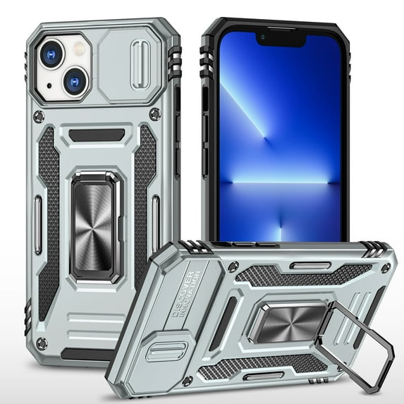 ELEHOLD Heavy Duty Rugged Case for iPhone 14 Plus 6.7 inch Full Body Protection with Camera Lens Cover Magnetic Metal Ring Holder Kickstand Anti-Scratch Shockproof Case, Gray