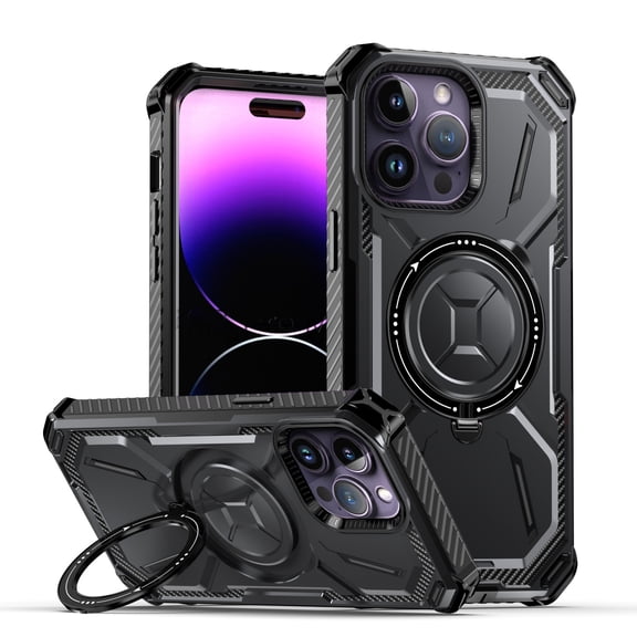 ELEHOLD Heavy Duty Rugged Case for iPhone 14 Pro 6.1" 2022 Hybrid Shockproof Full Body Protective Hidden Kickstand Holder Compatible with MagSafe, Black