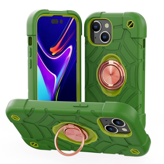 ELEHOLD Heavy Duty Rugged Case for iPhone 15 Plus Foldable Ring Holder Kickstand Case, Hybrid Tri-Layers Military Grade Shockproof Protection Cover for iPhone 15 Plus 6.7",Green+Gold