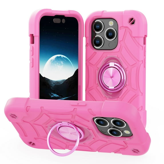 ELEHOLD Heavy Duty Rugged Case for iPhone 15 Pro Max Foldable Ring Holder Kickstand Case, Hybrid Tri-Layers Military Grade Shockproof Protection Cover for iPhone 15 Pro Max,Pink