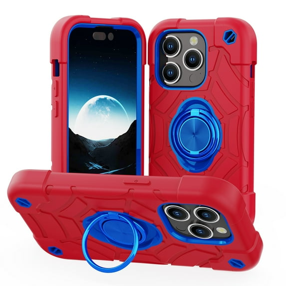 ELEHOLD Heavy Duty Rugged Case for iPhone 15 Pro Max Foldable Ring Holder Kickstand Case, Hybrid Tri-Layers Military Grade Shockproof Protection Cover for iPhone 15 Pro Max,Red+Blue