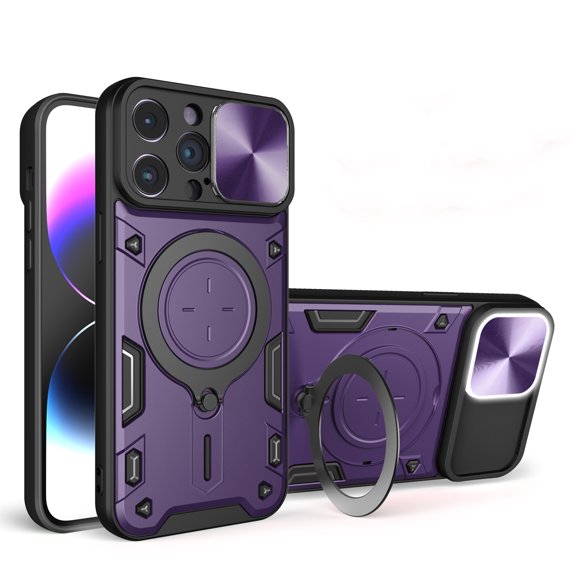ELEHOLD Heavy Duty Rugged Case for iPhone 16 Pro Max,Sliding Lens Cover Foldable Kickstand Bracket Strong Magnetic Force Shockproof Hybrid Case,Purple