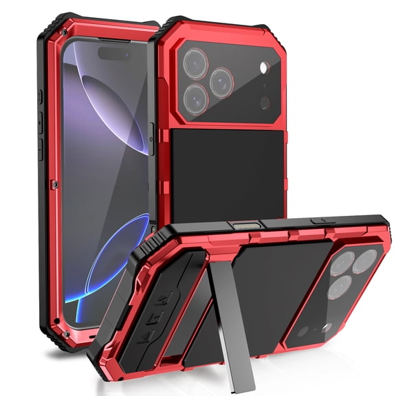 ELEHOLD Heavy Duty Rugged Case for iPhone Air,Full Camera Lens Protection Heavy Duty Aluminum Metal Stand Shockproof Dustproof Case+Screen Protector,Red